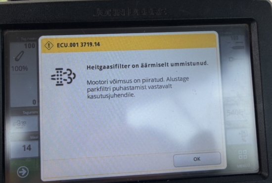John Deere traktori veateade "Heitgaasifilter on äärmiselt ummistunud." Mootori võimsus on piiratud. Alustage parkfiltri puhastamist vastavalt kasutusjuhendile.